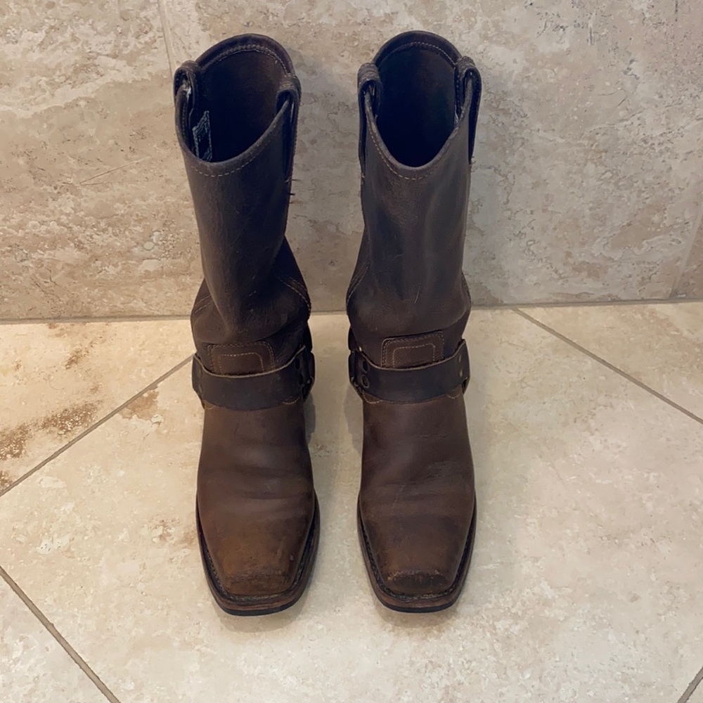 Frye Brown Leather Harness Square Toe Boots